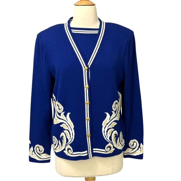St. John Sport 2 PC Button Down Cardigan & Tank SET Royal Blue White Gold Size M - Picture 1 of 16
